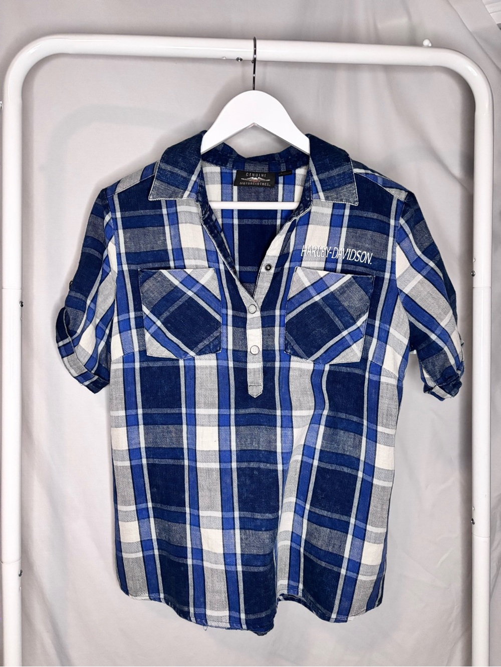 Harley-Davidson Blue and White Plaid Short-Sleeve Shirt